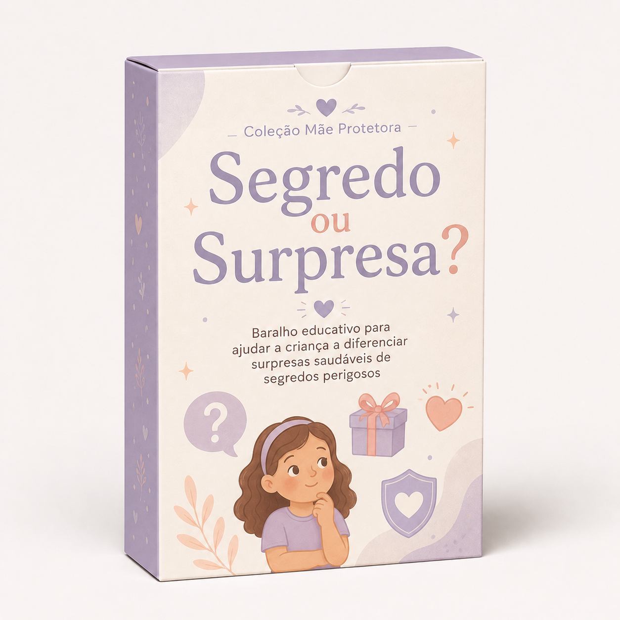 Carta ilustrada do baralho Segredo ou Surpresa?, com uma caixa de presente e símbolos de segurança