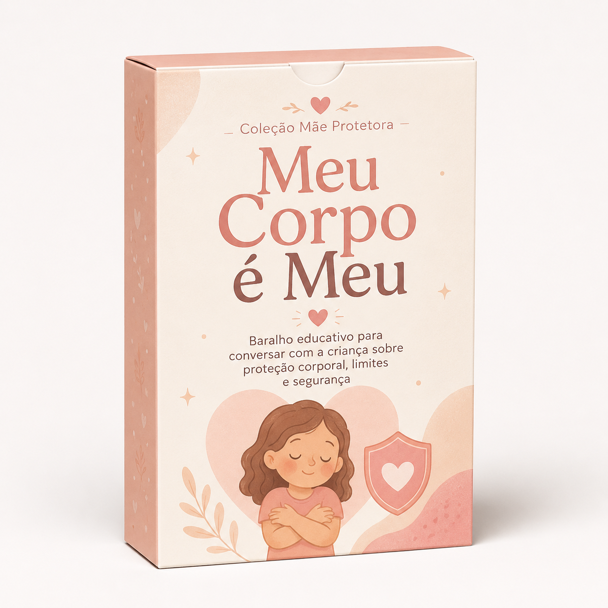 Carta ilustrada do baralho Meu Corpo é Meu, com uma criança se abraçando e um coração